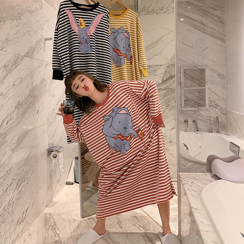 Nơi bán Nightdress Woman Long Sleeve Autumn Stripe Baby Elephant Grey Autumn New Collection Lady Lovely Pajama Round Collar Super Long Style Nightdress