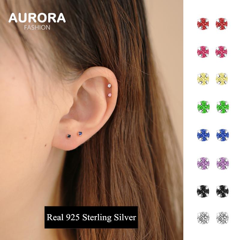 AURORA Unisex Real 925 Silver Mini Multicolor Diamond Stud Earrings Jewelry S925-4