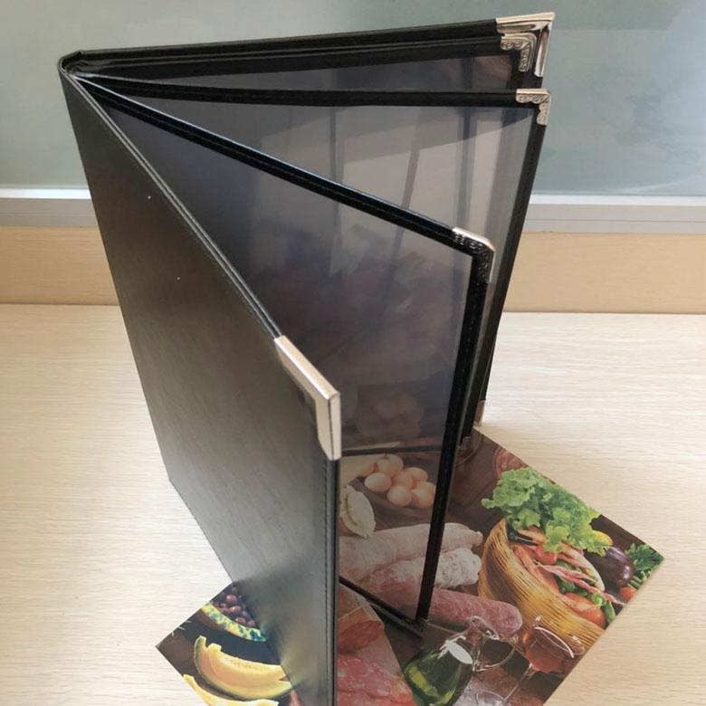 FANTASY Black Leather Cover Menu Book with 4 pages 8 faces Menu Holder Menu Jacket Menu Cover Menu stand Menu board Advertising Display book Brochure Contract folder Presentation Folder Hold menu Wine list Recipe Restaurant supplies PVC Standard A4