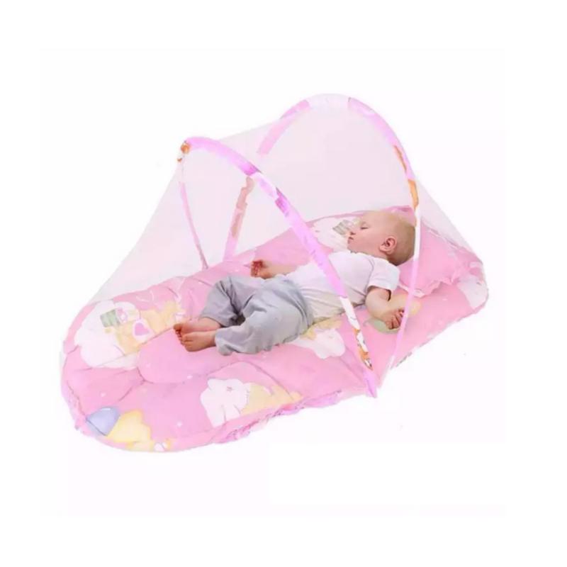 Folding Newborn Baby Bed With Pillow Mat Net - Pink