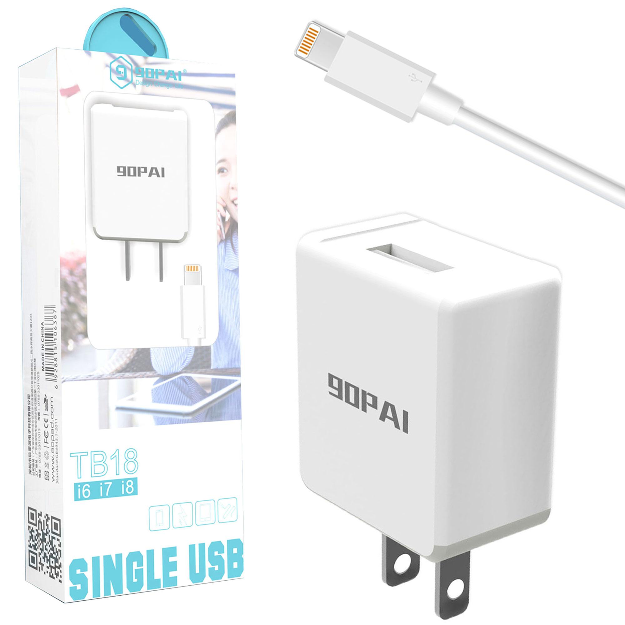 TB-18 90PAI 2.4A Single USB Charging Head + USB Data cable For IPhone (White)