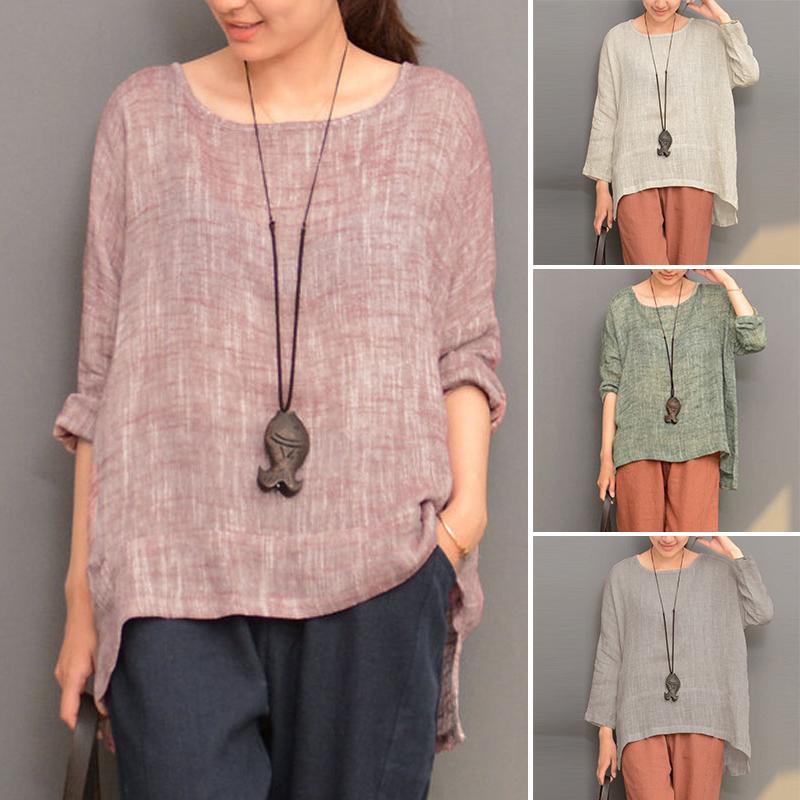 ZANZEA Plus Size Women Retro O Neck Long Sleeve Split Cotton Linen Spring Robe Blouse Shirt Party Solid Baggy Top Blusas - Intl August 2018 - 2 ZANZEA Plus Size Women Retro O Neck Long Sleeve Split Cotton Linen Spring Robe Blouse Shirt Party Solid Baggy Top Blusas - intl - 2