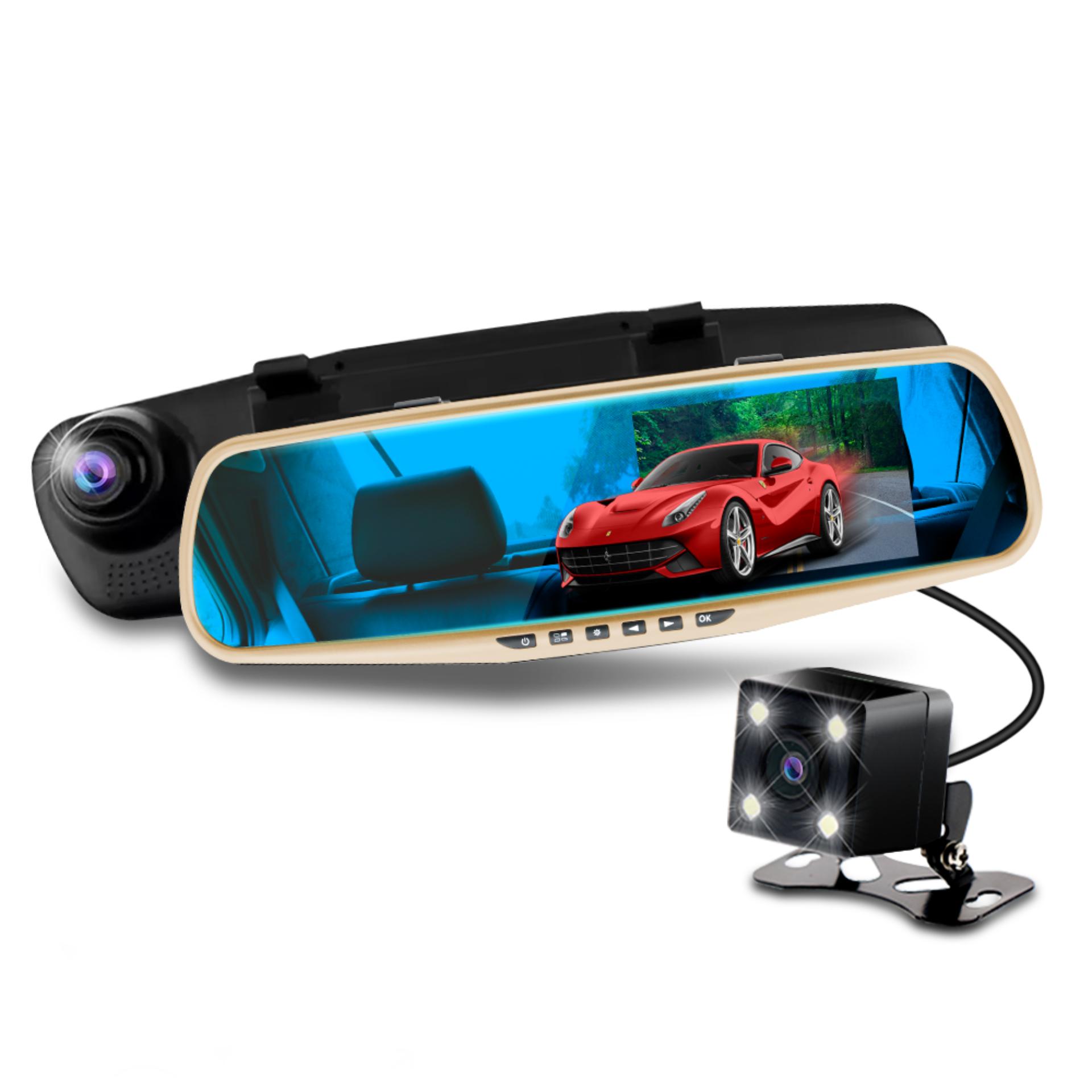 LHR C102 720P Car Camera Video Recorder Dual Lens for Front & Rearview Mirror Car DVR Dash Cam Parking System Mirror Video LED Waterproof Rear Camera (Gold)