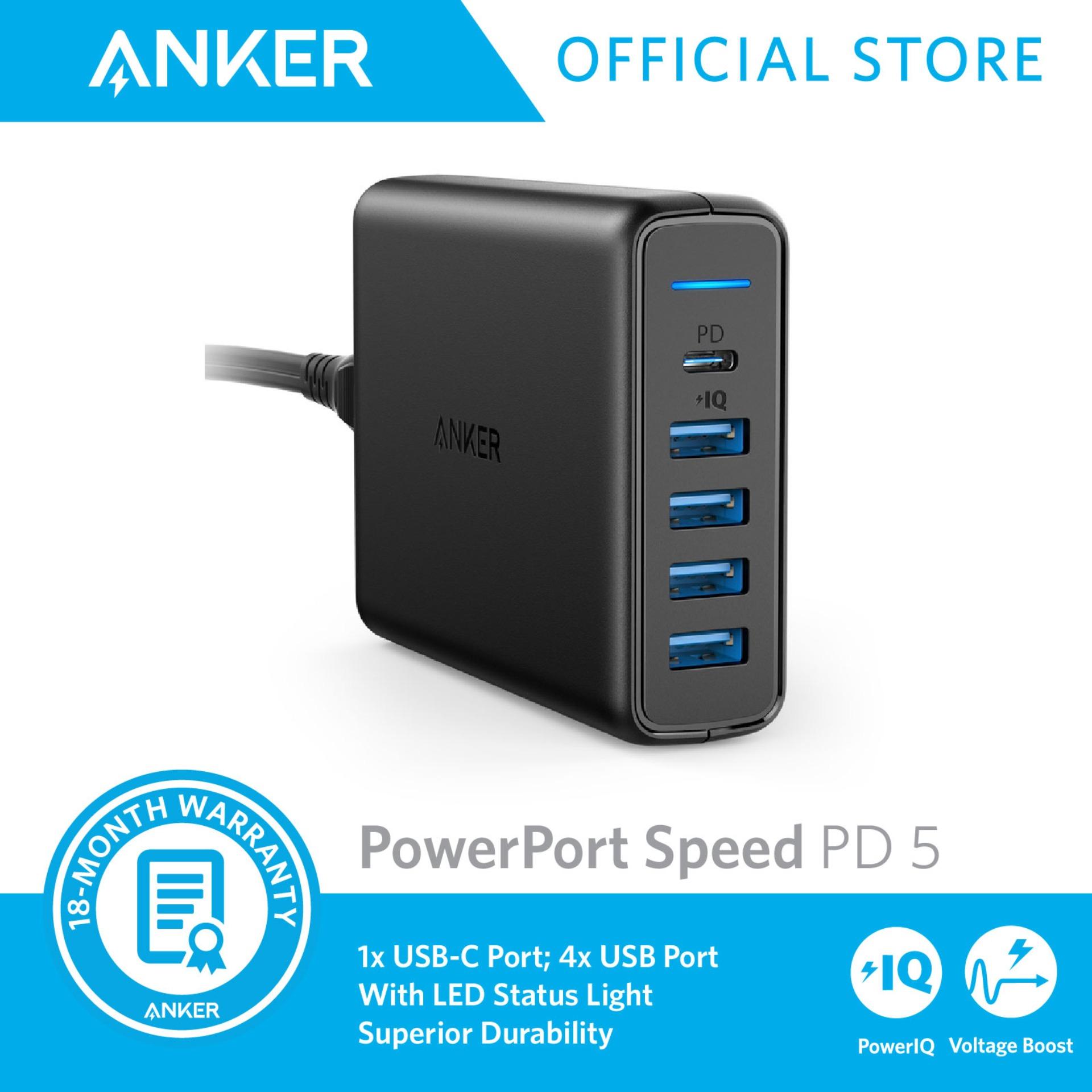 Anker PowerPort Speed PD 5: 60W 5-Port Desktop Charger with One 30W Power Delivery Port for Apple MacBook, Nexus 5X / 6P and 4 PowerIQ Ports for Smart and Fast Charging for Samsung Galaxy/Note, Oppo, Vivo,  iPhone, iPad and More with 18 Month Warranty