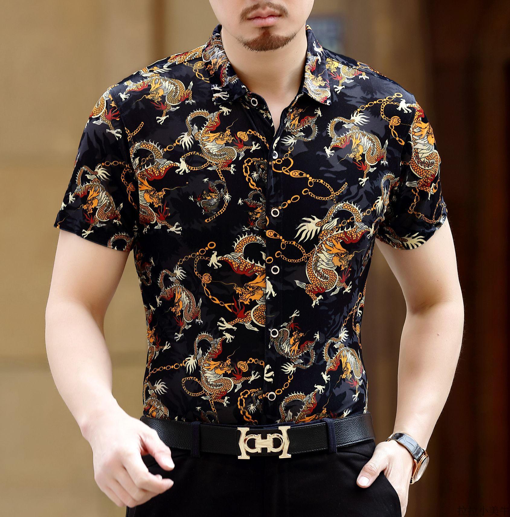 Velvet short sleeved porous thin floral shirt Printed shirt