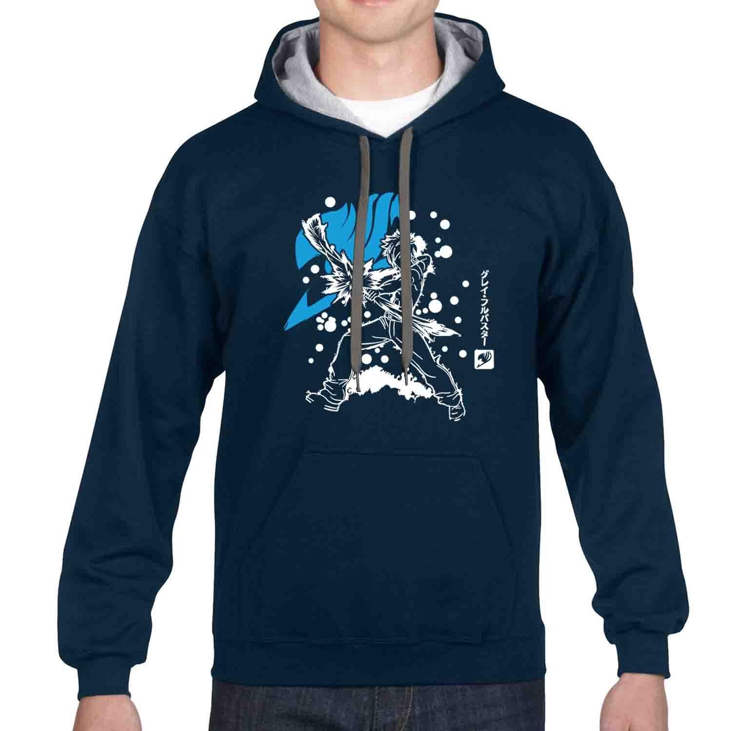 iGPrints Gray Fullbuster Fairy Tail Shadowed Design Contrast Hoodie Jacket Navy Blue Grey