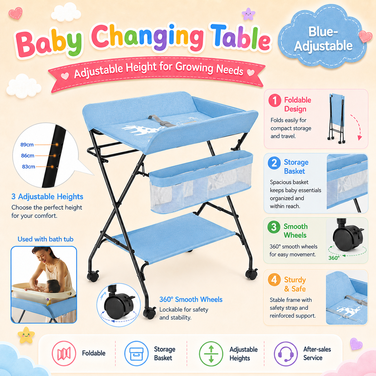 PlayPark Foldable Baby Diaper Changing Table Portable Baby Changing Station Newborn Nursing Table with Storage for 0-3 Years Old