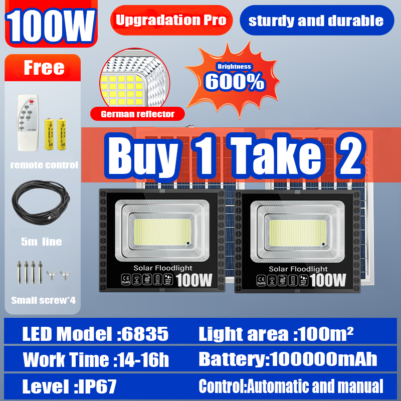 【BUY 1 TAKE 2】solar flood light 600W outdoor waterproof IP68 original 606LED 680000mAh with solar panel garden lamp room night light bulb for courtyard automatic with remote control christmas decorations 2025 As low as 109 pesos