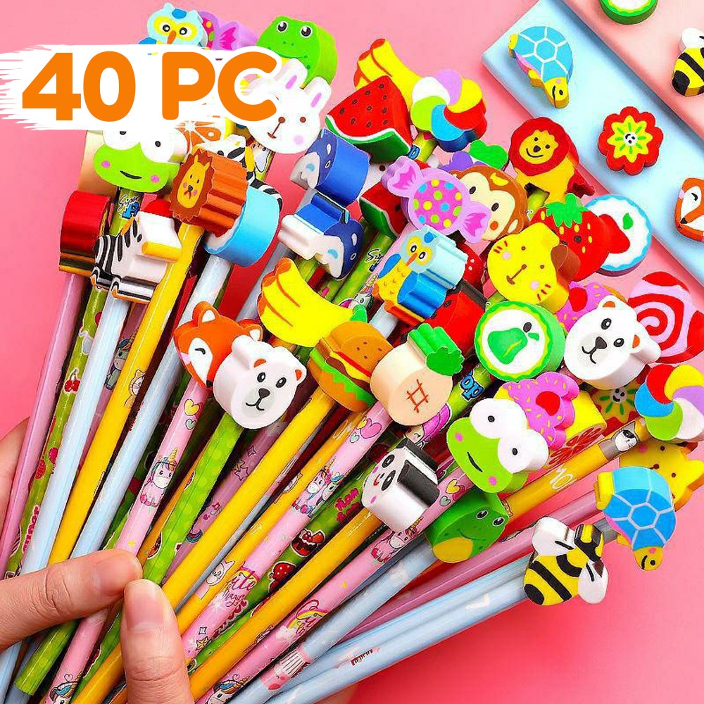 Cartoon Pencil Set with Cute Eraser for Kids Rubber Head Pencils School Supplies Student Use