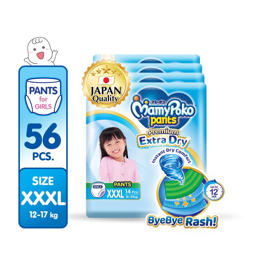 MAMYPOKO Extra Dry Baby Disposable Diaper Pants Girl XXXL 14 pcs x 4 packs (56 pcs)