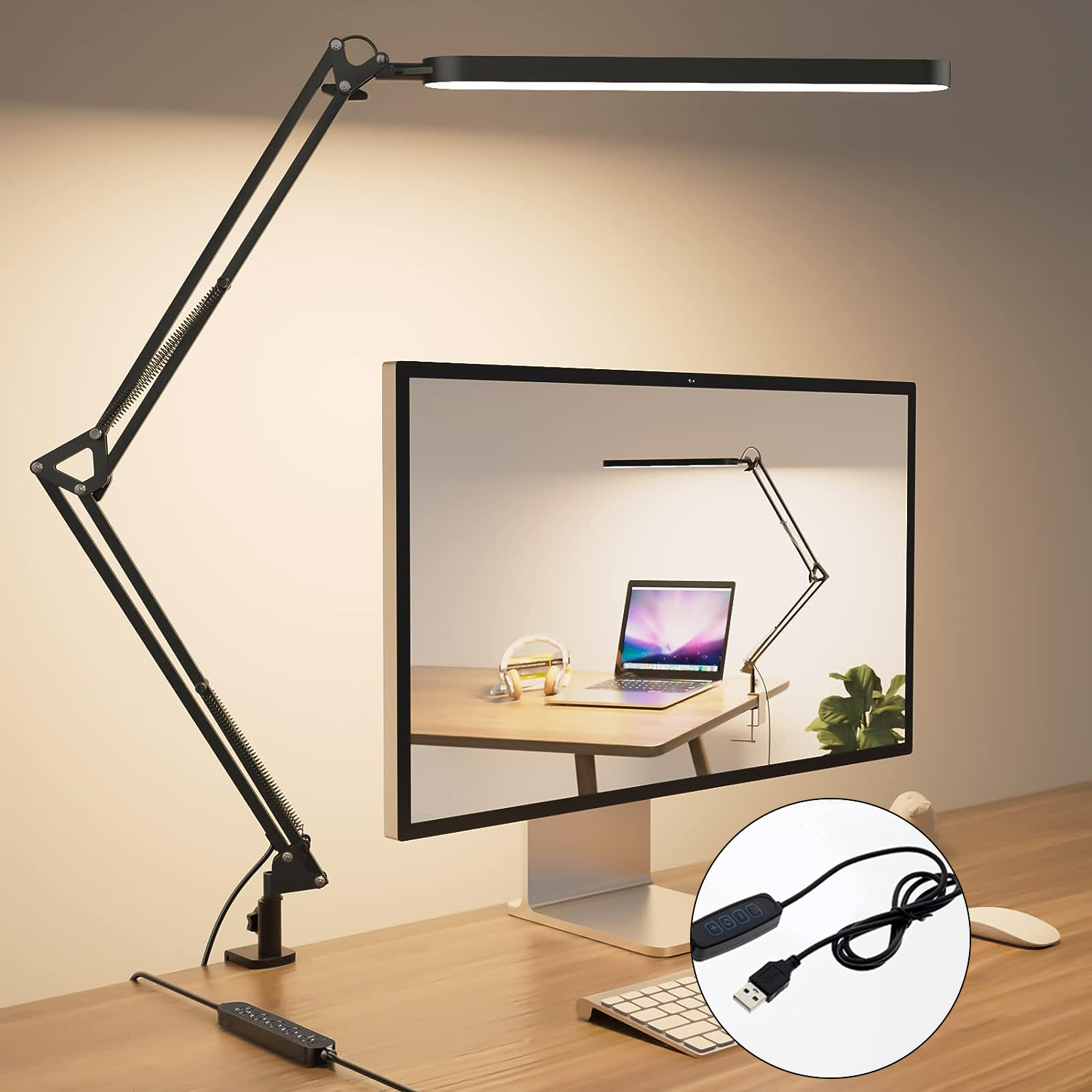 NUVOX LED Folding Desk Lamp Metal Swing Long Arm Lamp Eye-Caring Dimmable Table Lamp ledFlexible Arm Table Lamp led 3 Color Modes 10 Brightness Dimming Reading Light with USB PortMemory FunctionCilp