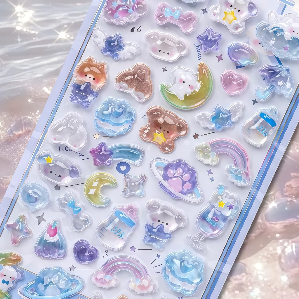 Cute 3D Embossed Crystal Stickers Transparent for Girls Phone Laptop Decorative Cartoon Stickers Stationery