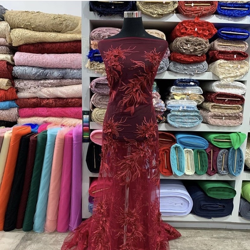 3D Lace : Maroon Flower 60” (Per Yard)