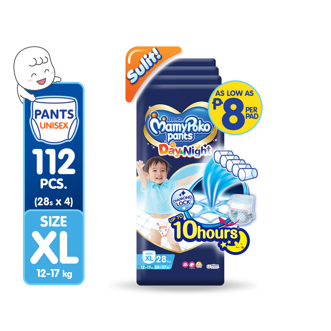 MAMYPOKO Day and Night Baby Disposable Diaper Pants Unisex XL 28 pcs x 4 packs (112 pcs)