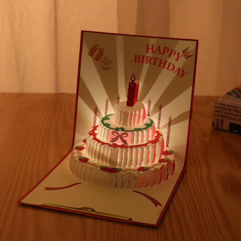 3D Pop-up Stamped Birthday Cake Greeting Card Wish Card Blessing Card