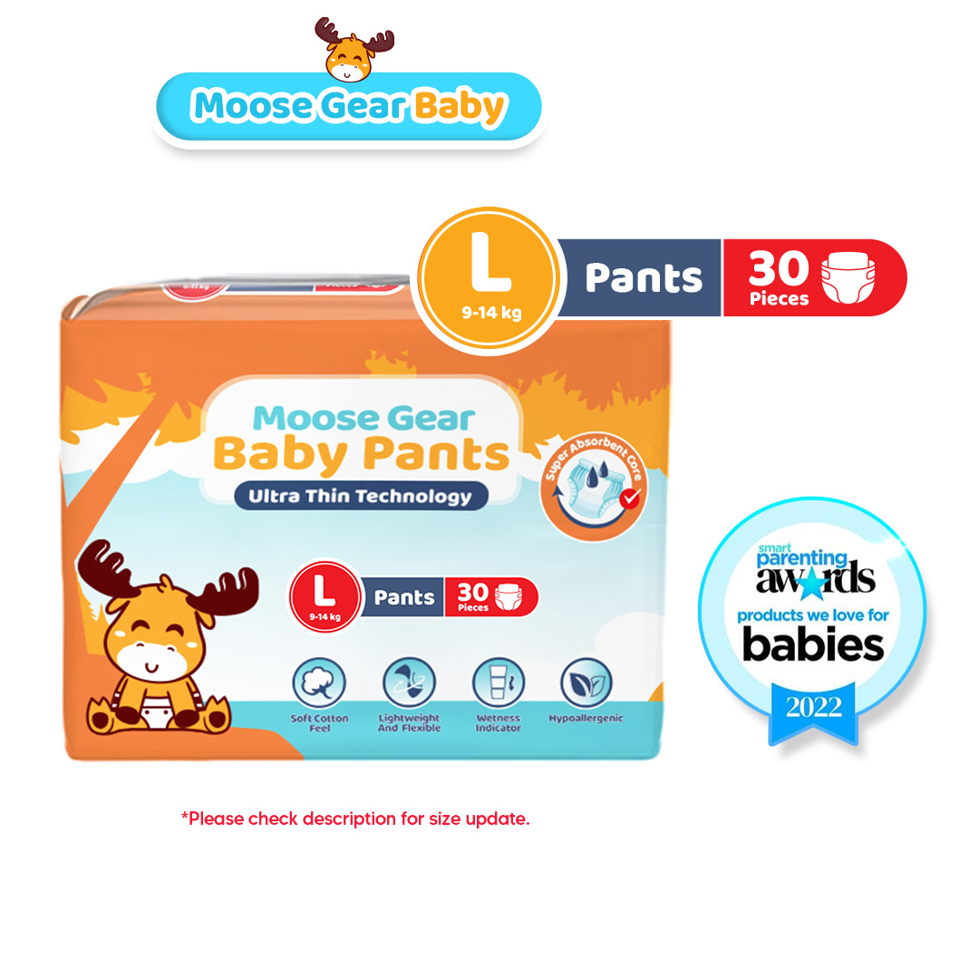 Moose Gear Baby Pants Diaper LARGE 30pcs Hypoallergenic Super Absorbent Double Leak Guard