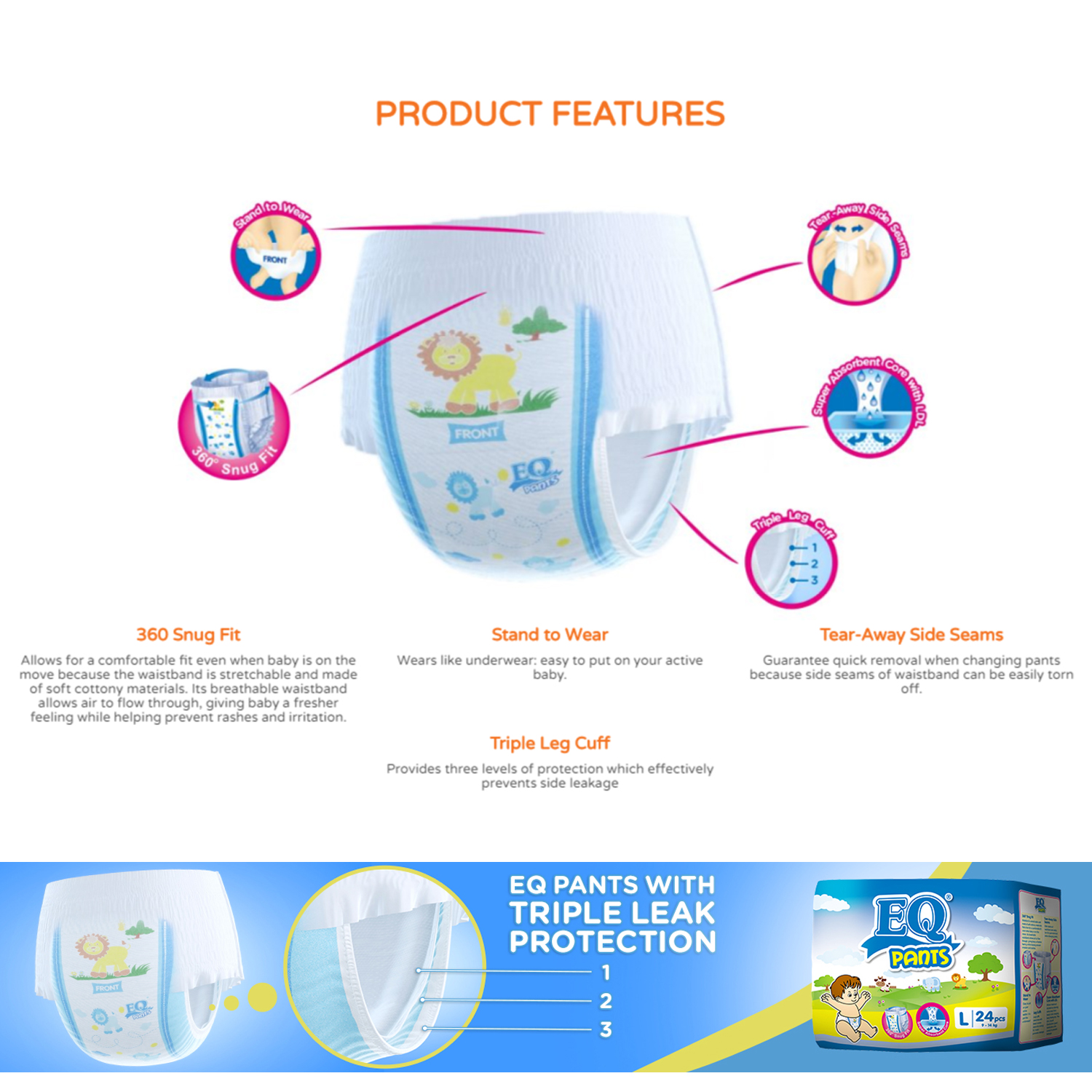 EQ Pants Large (9-14 kg) - 40 pcs x 2 packs (80 pcs) - Diaper Pants