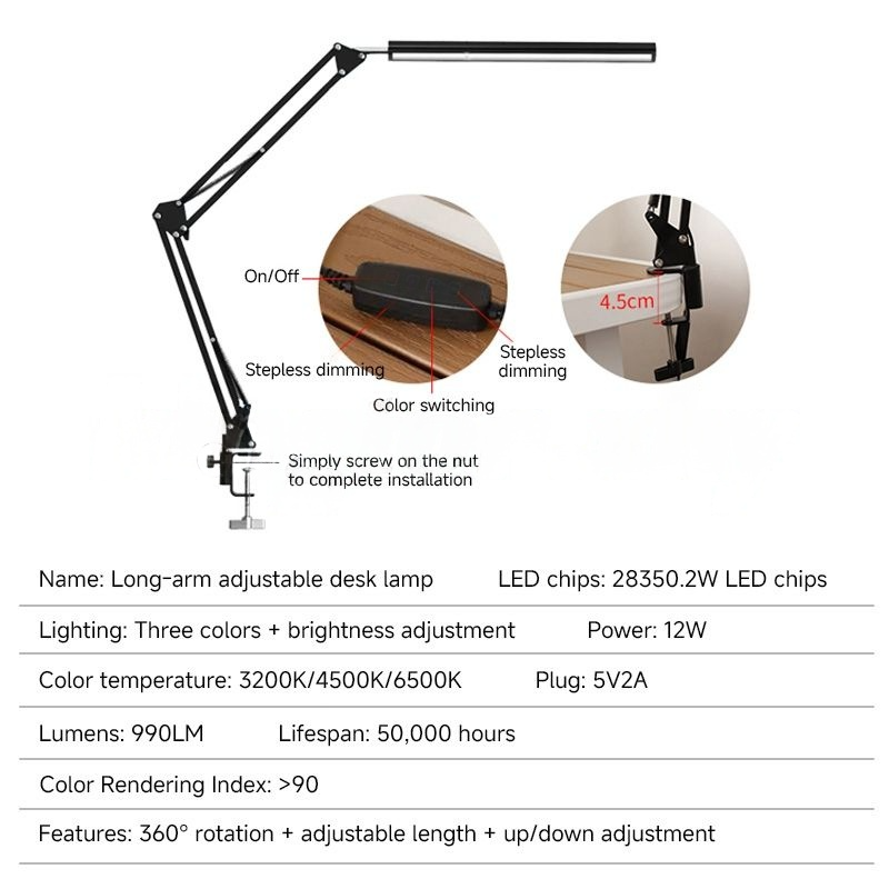 LED Desk Lamp Folding Metal Desk Lamp Clip On Light Long Arm Dimming Table Lamp Adjustable 360°