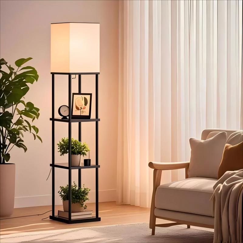 Floor Lamp with Shelves Modern Standing Shelf Lamp with 3 CCT LED Bulb and White Shade