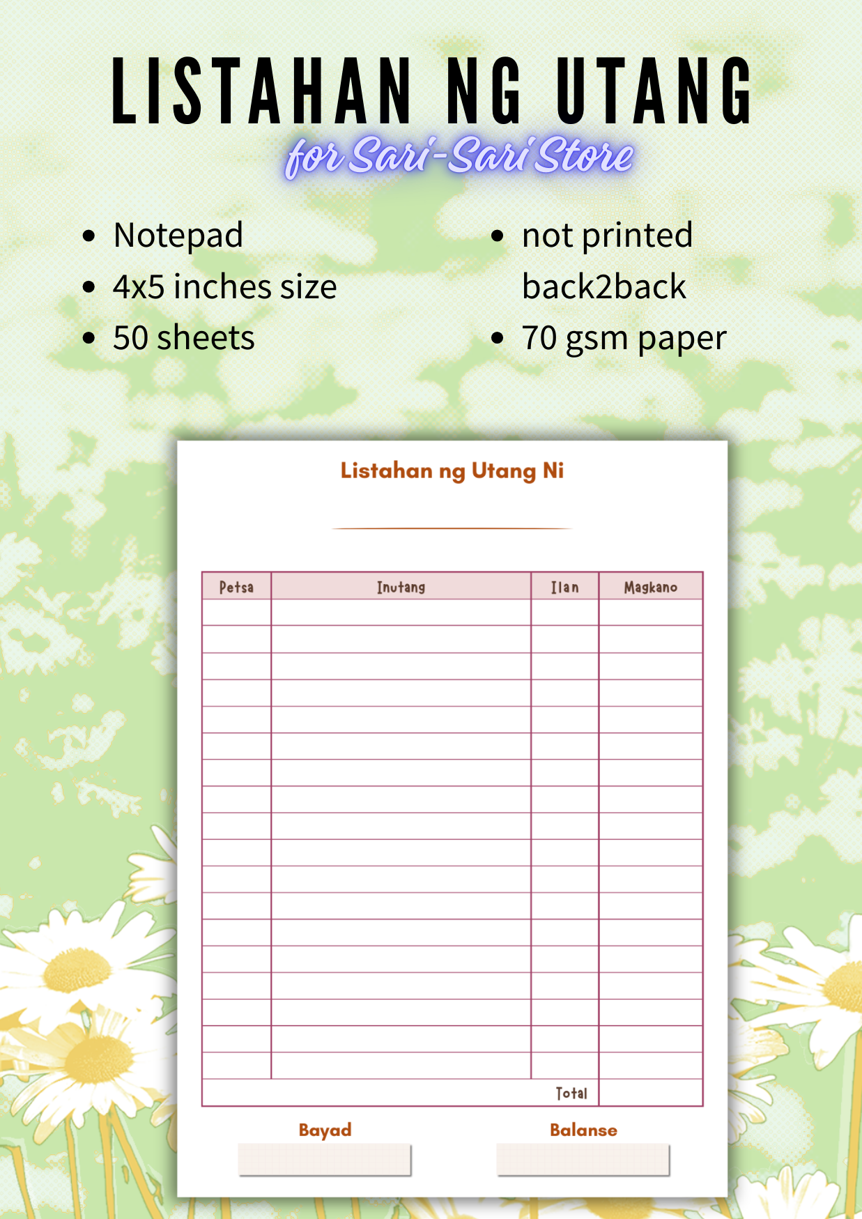 Listahan ng Utang Sari-sari Store Notepad 50 sheets 4x5 inches size