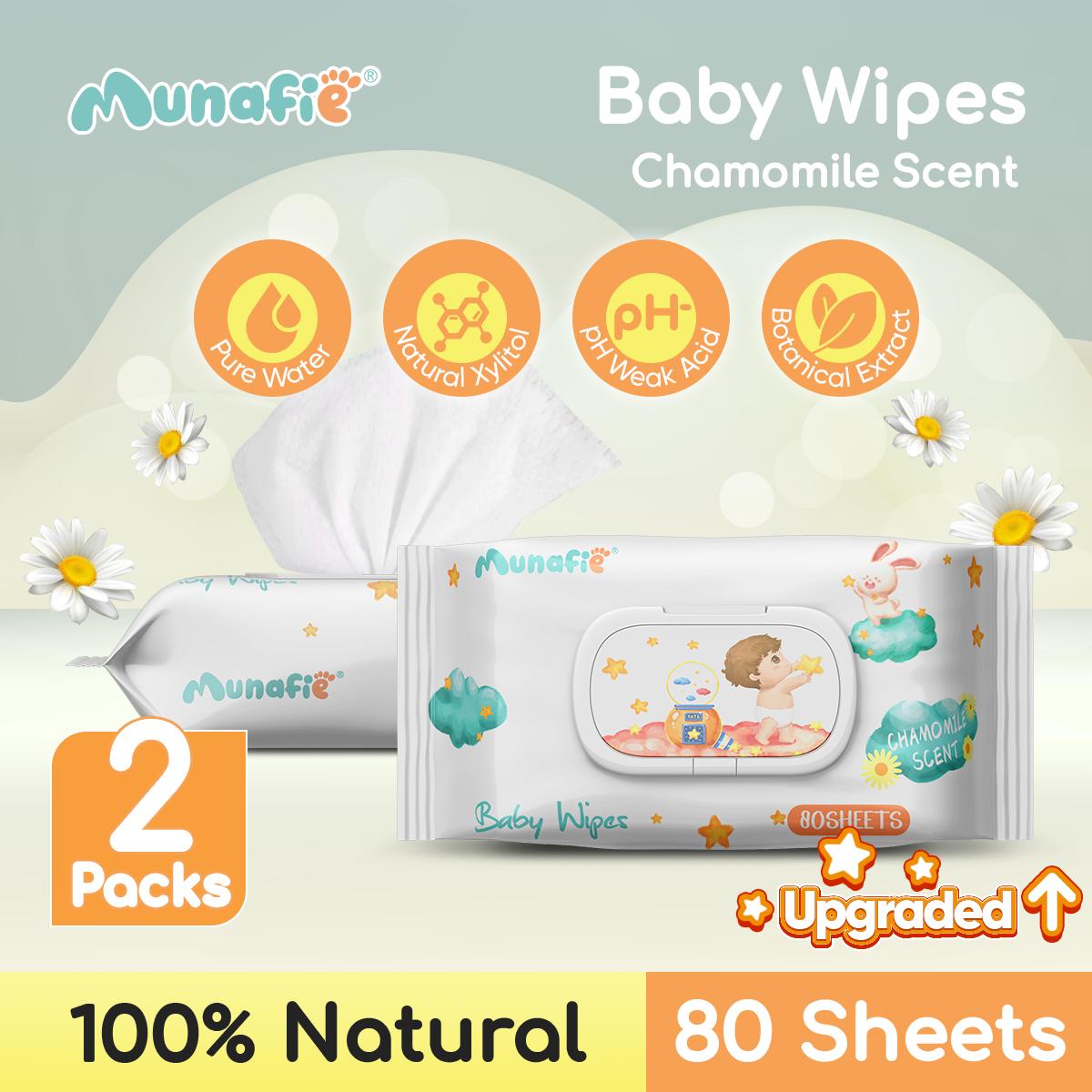 Munafie 2 Packs 80 Sheets Chamomile Scented Alcohol Free Baby Wipes Wet Wipes for Baby Kids
