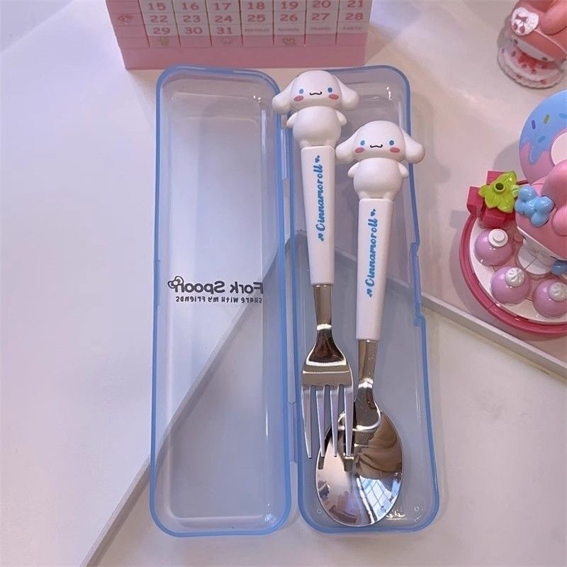 COD 2pcs/set Sanrio Kuromi Fork Spoon Stainless Steel Student EatingTableware Accessories Portable
