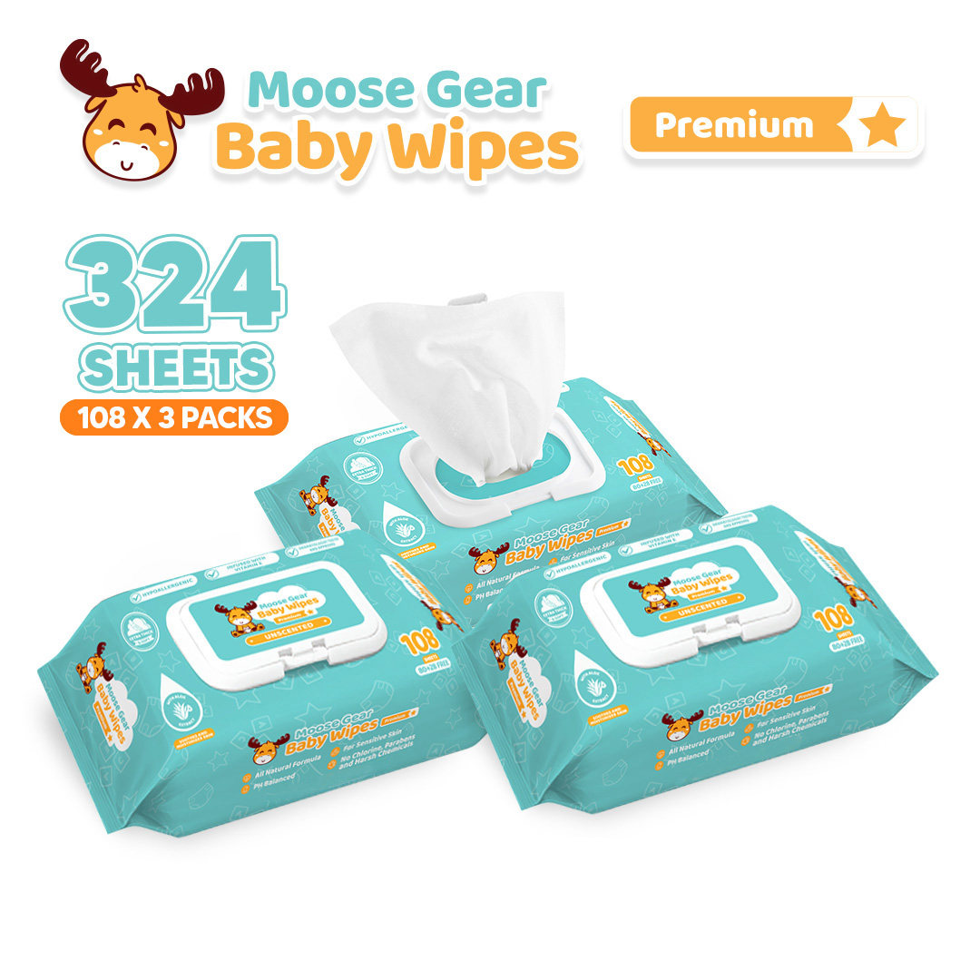 Moose Gear Baby Wipes Premium Unscented 324sheets 3PACKS w/ Vitamin E & Aloe Extract Thick & Soft