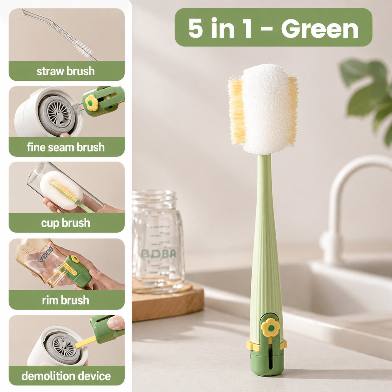 Phanqy 5 in 1 Baby Bottle Brush Multi-functional Cleaning Tool Baby Cup Feeding Cleaning Set Portable