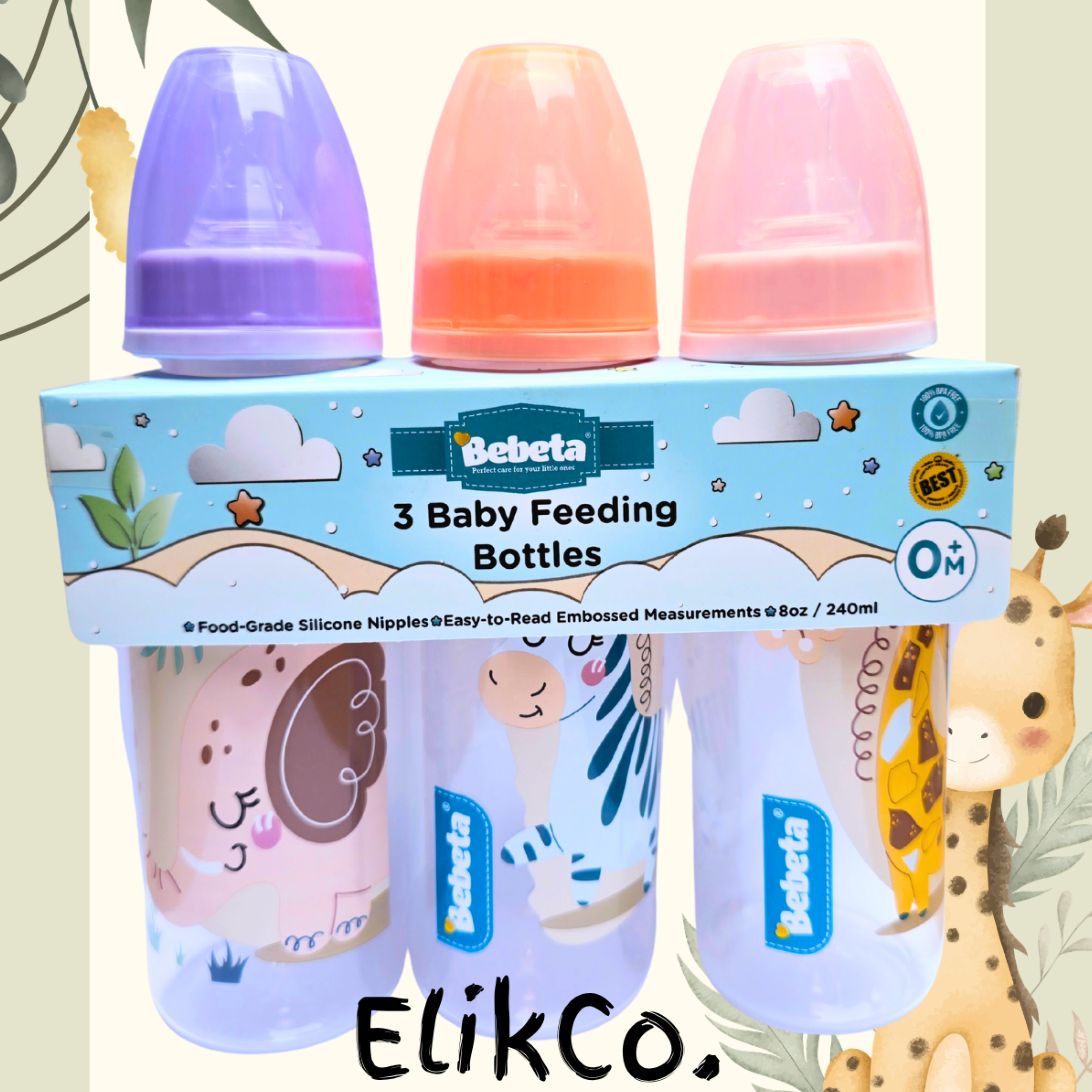Bebeta Feeding Bottle 8oz Regular Neck w/Scale Hood & Animal Print 3pcs Per Pack