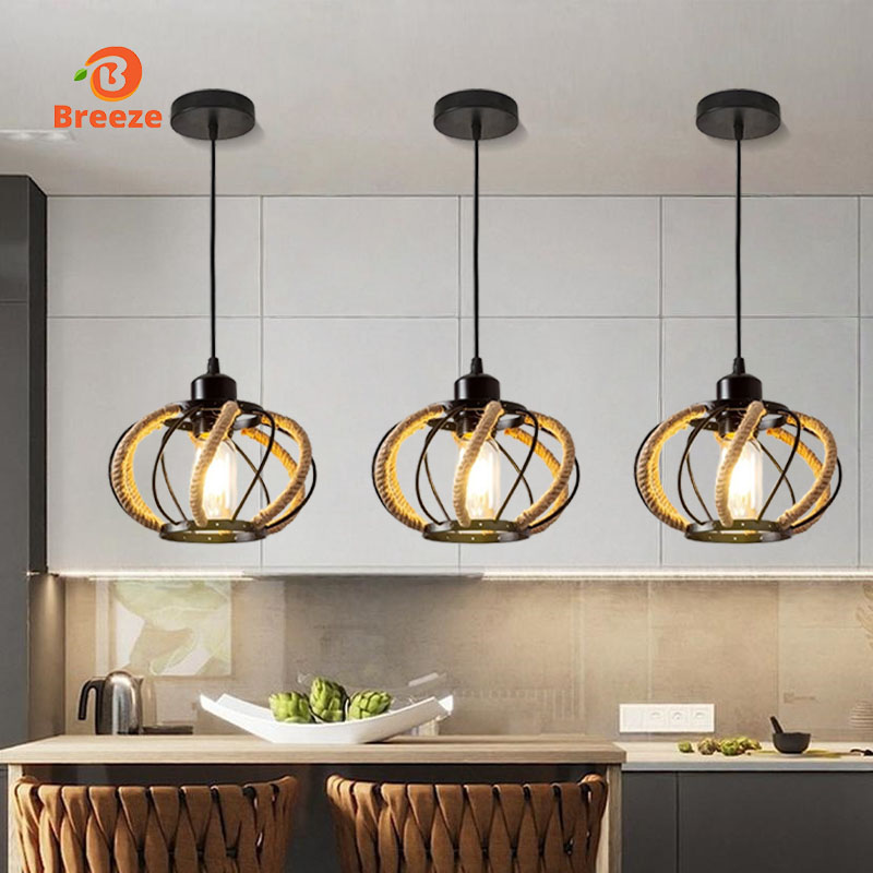 Hanging Light Industrial Iron Birdcage Hemp Rope Retro Pendant Light for Cafe Dining Living Room Bar