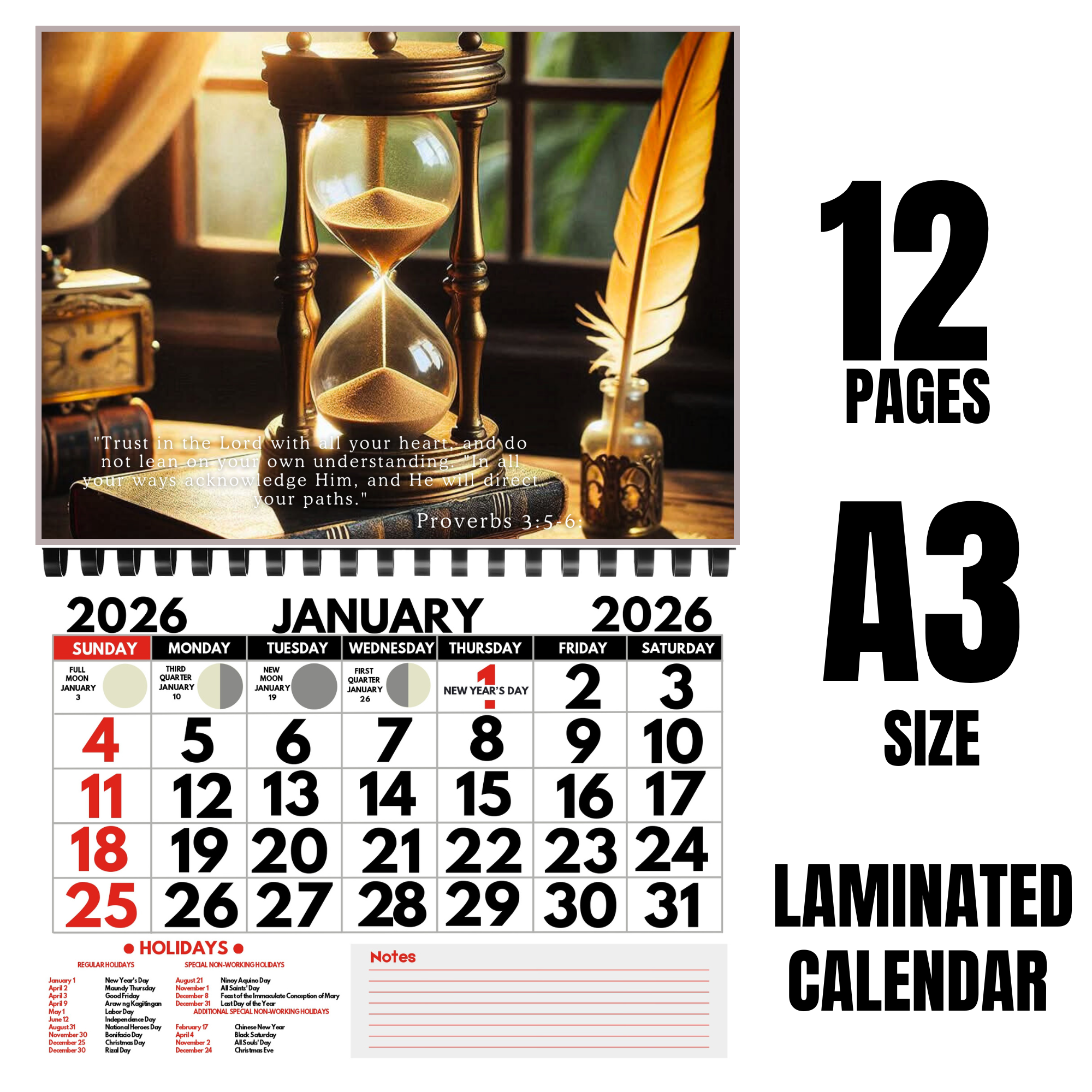 New 2026 Year of the Horse 12 pages Laminated Personalized and customized Calendar Front High Quality and Detailed Prints A3 SIZE Murang Kalendaryo .Lowest Price
