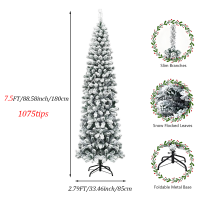 NUVOX 7.5ft Artificial Pencil Christmas Tree Green Pointed Slender Slim Pen Tree With 1075 Tips PVC Simulation Christmas Decorations Snow Tree Flocked Artificial Christmas Tree With Metal Stand For Xmas