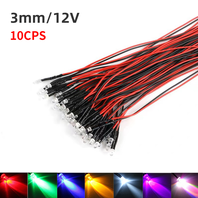 10PCS 3MM LED 12V Pre-wired With Fixed Bracket Cable Bulb LED Light Emitting Diode Mini LED Single Bulb Light Emitting Diode Model Combination Kit for DIY Toy Entertainment Party