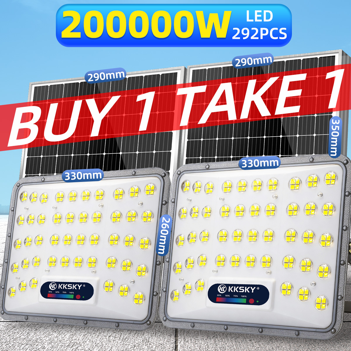 KKSKY New Buy 1 Take 1 Solar Led Lights Outdoor Flood Light 2000W Street Lamp IP68 Waterproof With Solar Panel cambered surface LED headlight beads aluminum shell lighting Remote 5 Years Warranty