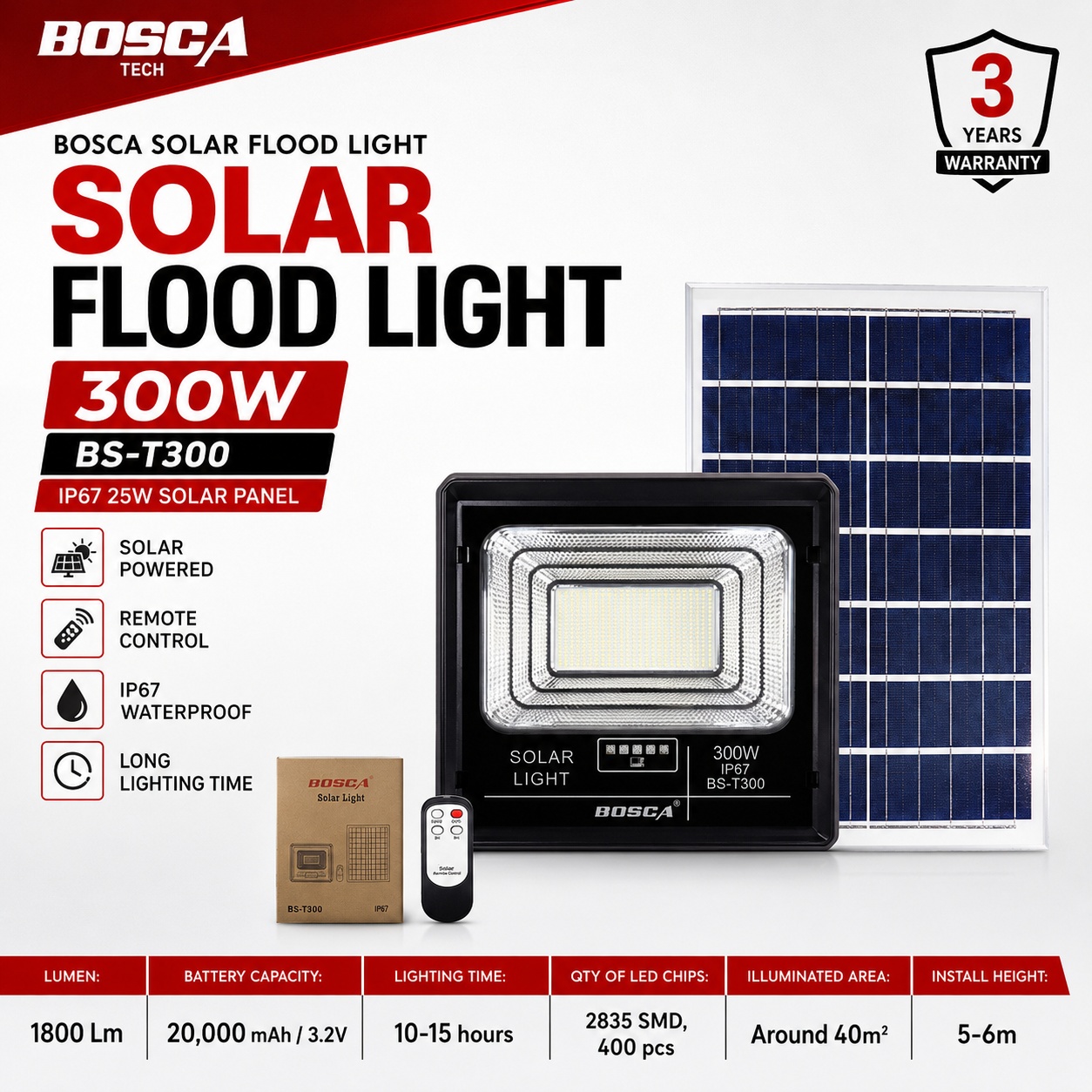 BOSCA 3 Year Warranty 300W Solar Led Outdoor Flood Light Street Lamp IP67 Waterproof With Remote BS-T