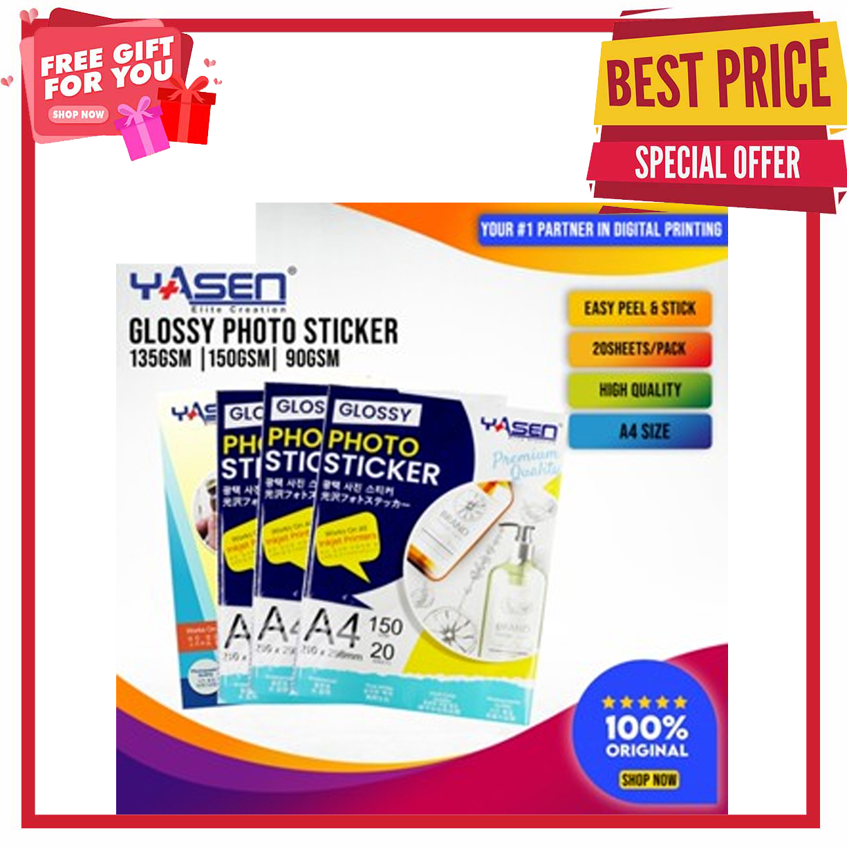 YASEN High-Quality Glossy/Matte A4 Photo Sticker Paper 90/135/150GSM for Inkjet Printers 20 Sheets/Pack (U-DS-LR)
