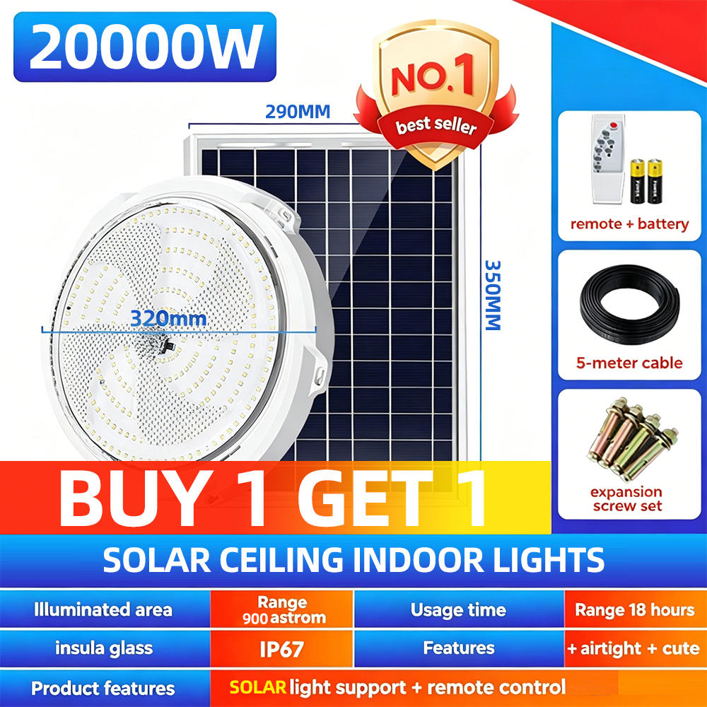 KKSKY Brand 80000 Watts Solar Ceiling Lights with panel Buy 1 Take 1 Indoor Led Lamp waterproof for living room bedroom kitchen 5000W 10000W 20000W 3 Colors Light complete set with Remote Automatic Light Control 5 Years Warranty