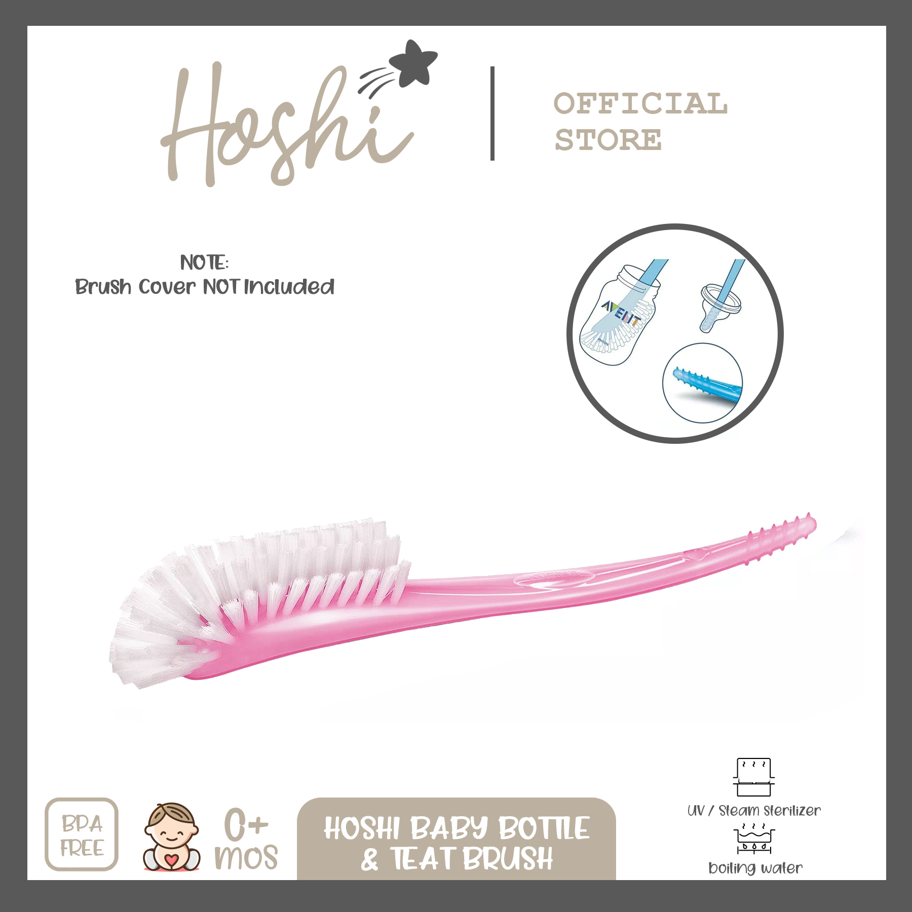 Hoshi Baby Bottle and Nipple Cleaning Brush for Baby Bottles of Newborn and Infant BPA Free 0Mos+