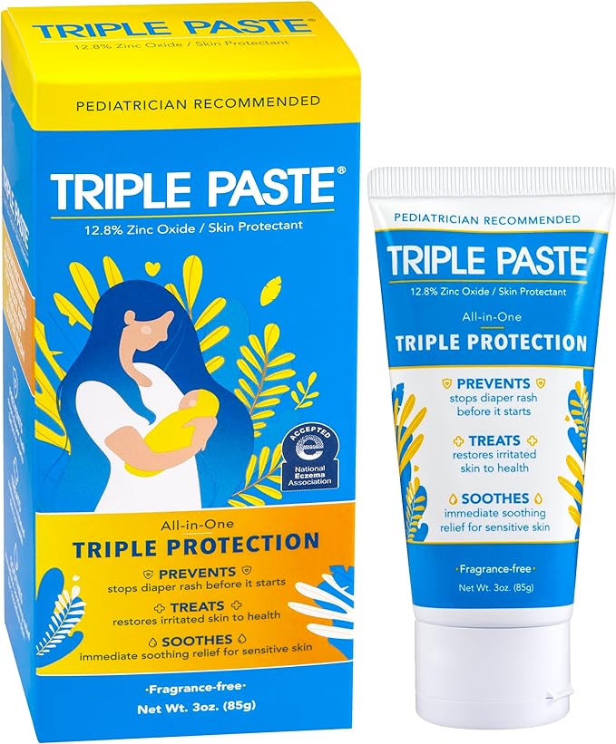 Triple Paste Diaper Rash Cream for Baby - 3 oz Tube - Zinc Oxide Ointment Treats Soothes and Prevents Diaper Rash - Pediatrician-Recommended Hypoallergenic Formula with Soothing Botanicals