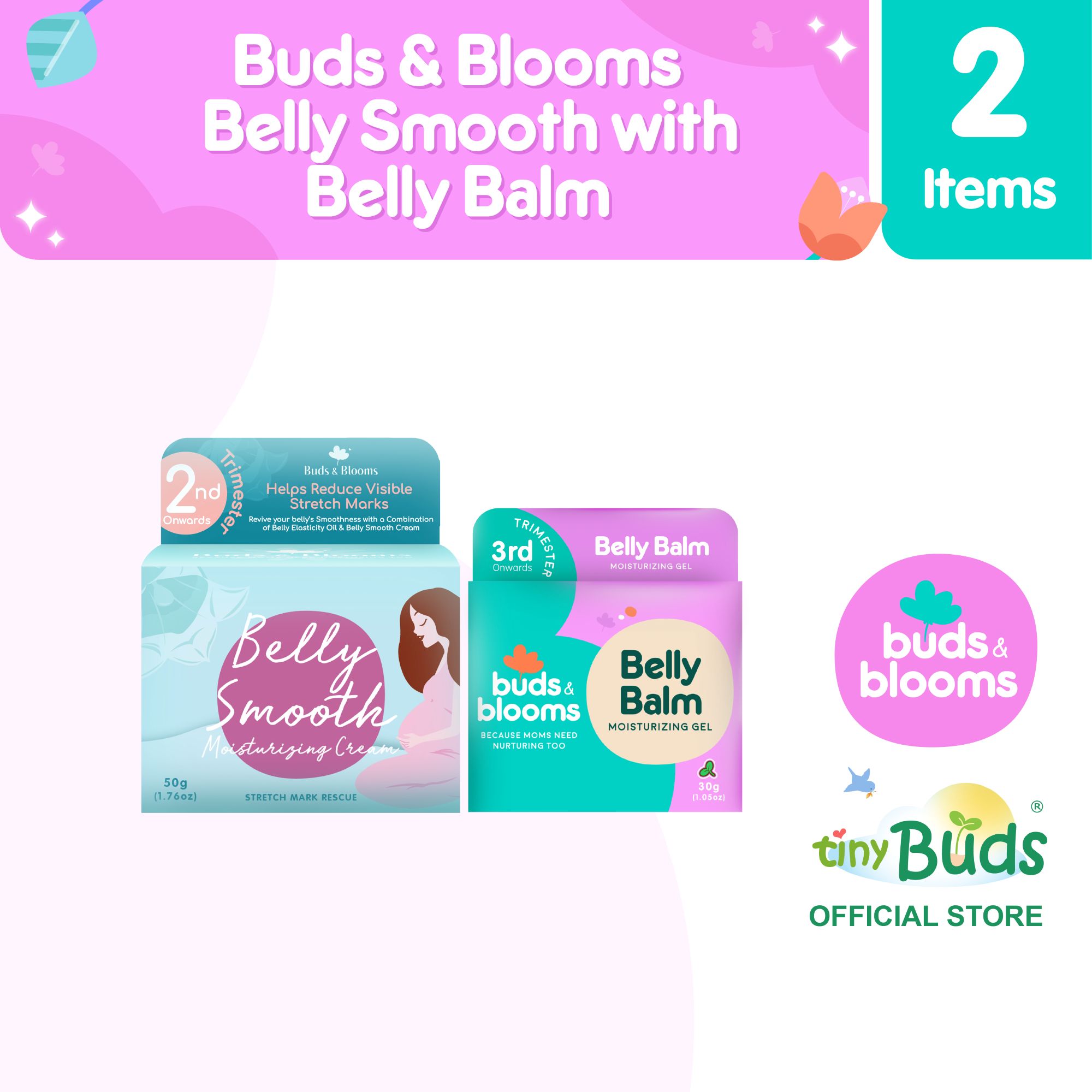Buds & Blooms Belly Smooth Stretch Mark Cream 50g with Buds & Blooms Belly Calm Moisturizing Gel 30g