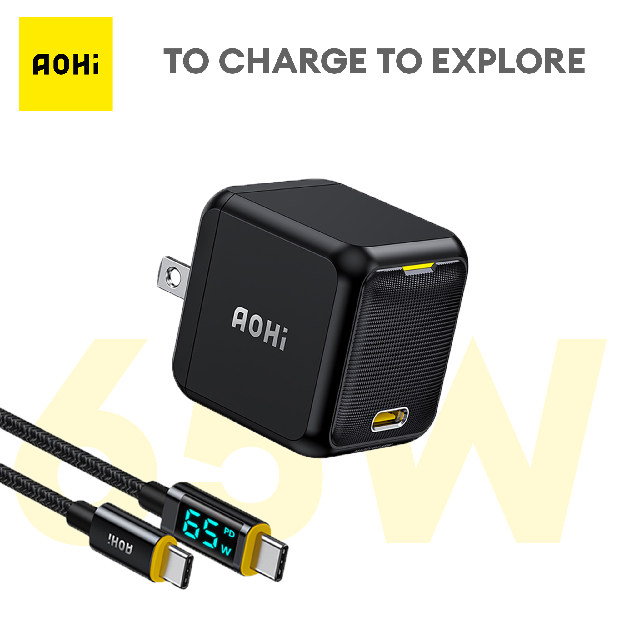 Bộ sạc AOHI Magcube 65W GaN+ với Cáp hiển thị kỹ thuật số USB-C sang USB
