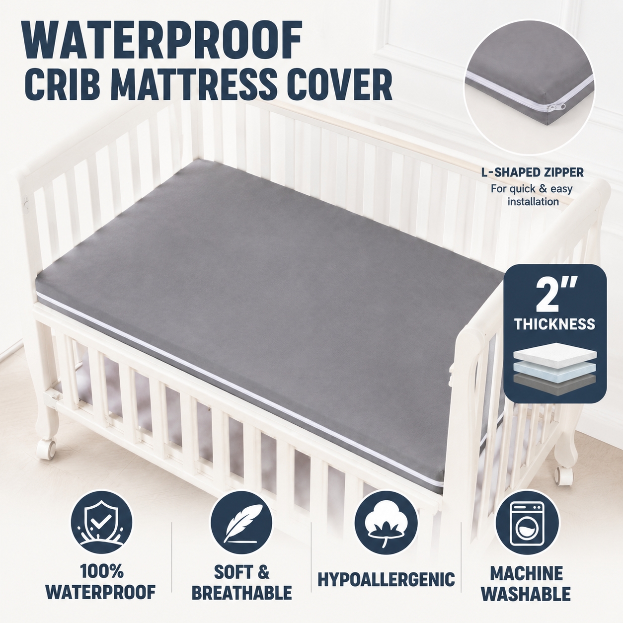 Waterproof Crib Mattress Foam Cover with Zipper Baby Foam Cover for Newborn