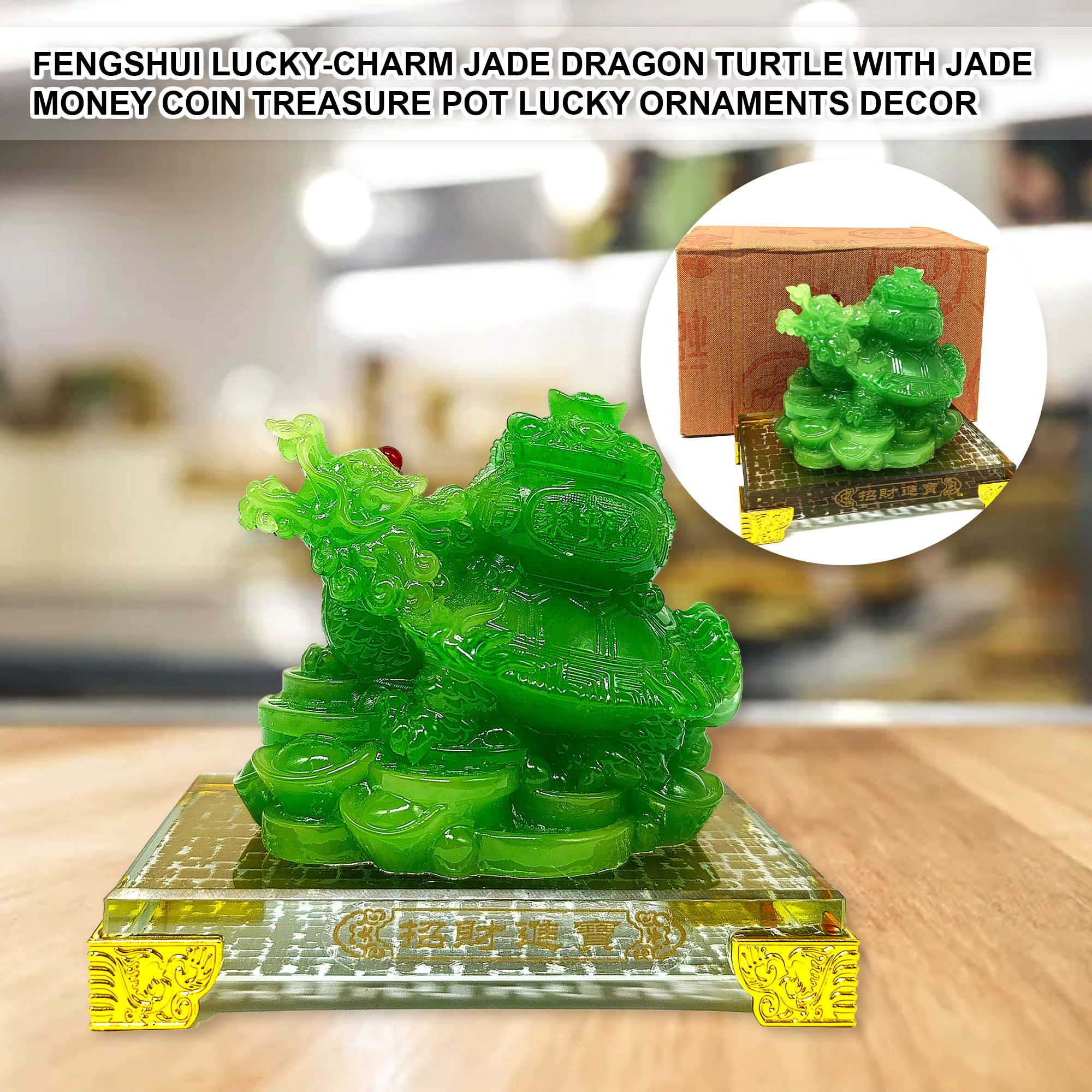 Fea Store fengshui lucky-charm jade Dragon Turtle with jade money coin Treasure Pot for home office lucky for business Ornaments Decorative Gift (11x8x12cm)