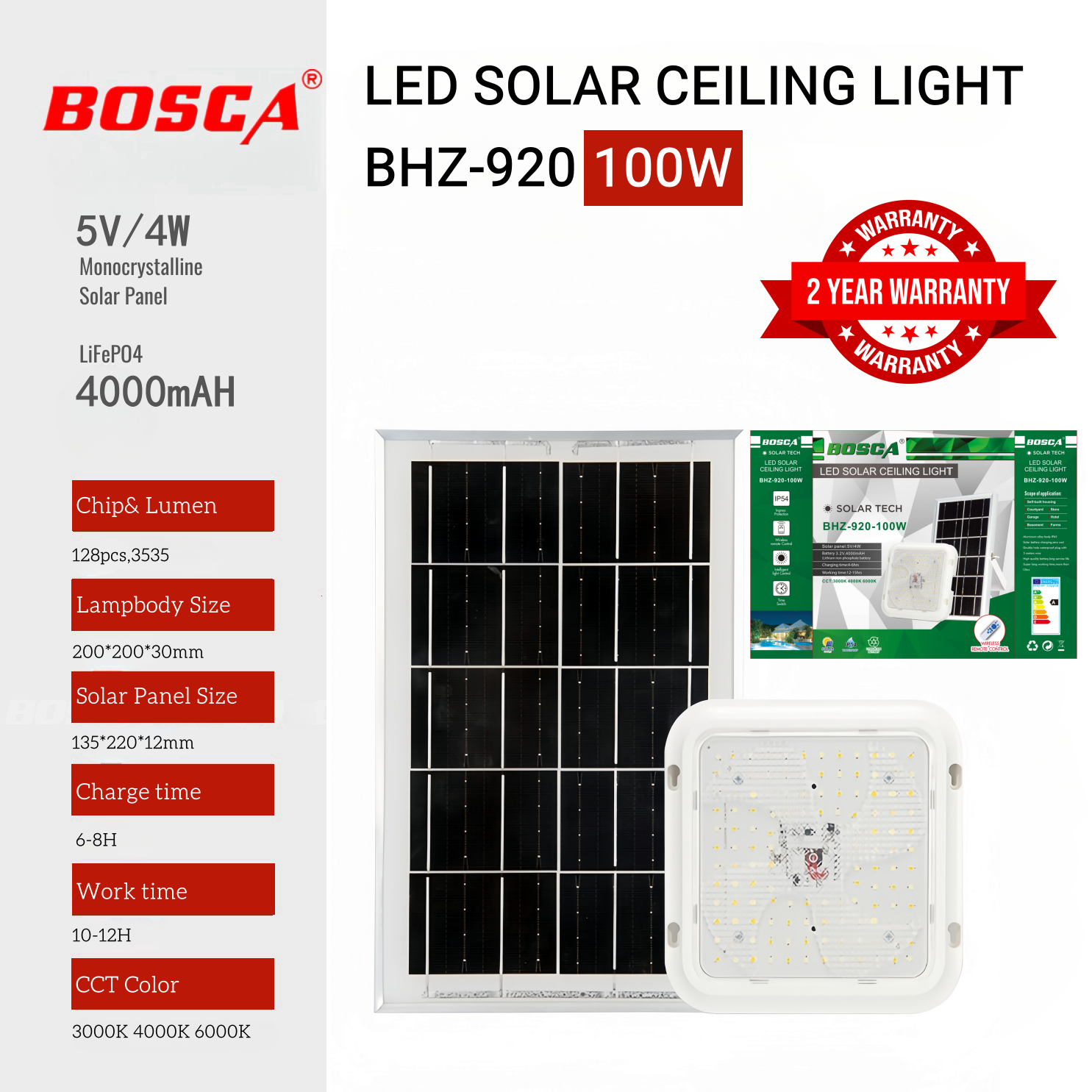 BOSCA 2 Year Warranty 100W LED Solar Ceiling Light Remote Control Adjustable Color BHZ-920