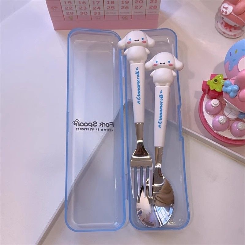 COD 2pcs/set Sanrio Kuromi Fork Spoon Stainless Steel Student EatingTableware Accessories Portable