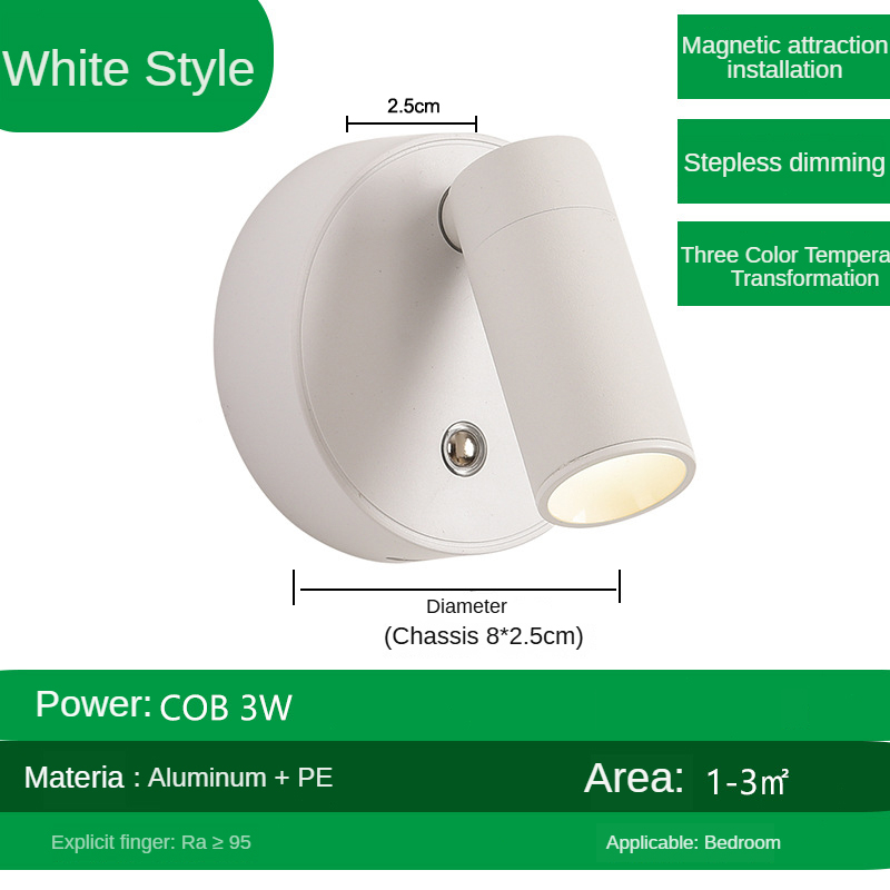 2000mAH Magnetic Base Led Wireless Wall Light USB Rechargeable Wall Mounted Cabinet Spotlight Touch Dimmable Bedside Lamp for Room Bedroom Reading Night Light