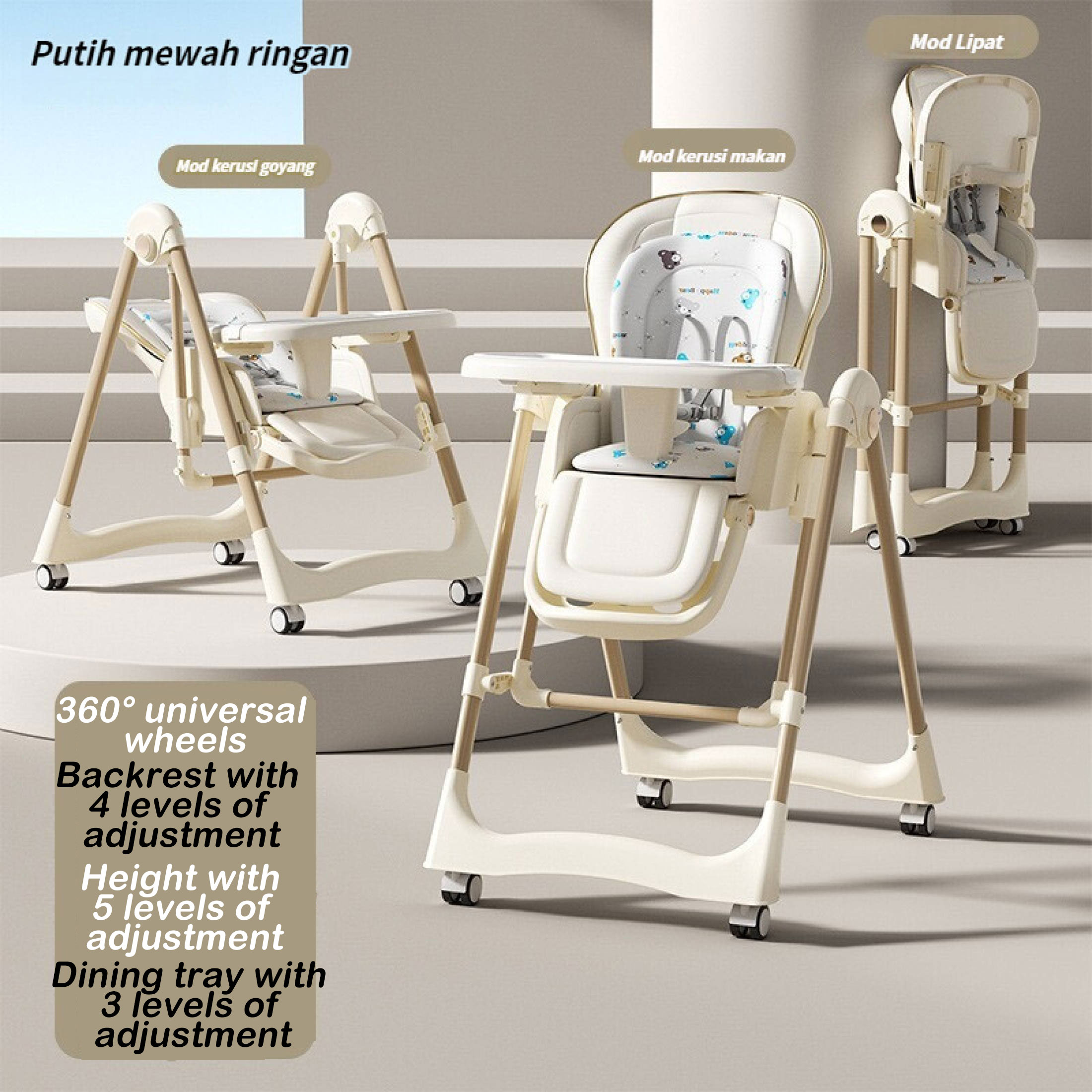 Beige Kids Dining Chair Multifunctional Foldable & Rocking Chair for Babies and Toddlers with Adjustable Features