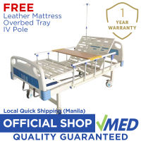 VMED Two Cranks Hospital Bed with Wooden Dining Table  IV Pole Wheels and Leatherette Mattress