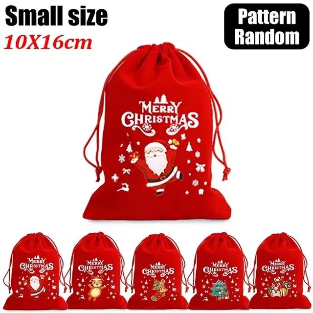 10ชิ้น ถุงกำมะหยี่สีแดงลายคริสต์มาส / ถุงหูรูดพิมพ์ลายกวางซานต้าคลอส / ถุงของขวัญเทศกาลคริสต์มาส / ถุงบรรจุภัณฑ์เครื่องประดับสำหรับตกแต่งคริสต์มาสและปีใหม่ / ถุงห่อของขวัญลายซานต้าและตุ๊กตาหิมะคริสต์มาส