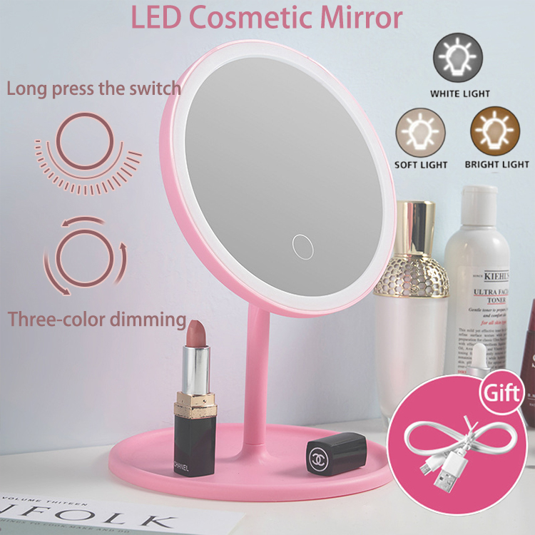 Led Portable Makeup Mirror 3 Color, Vanity Mirror Stand With Tray